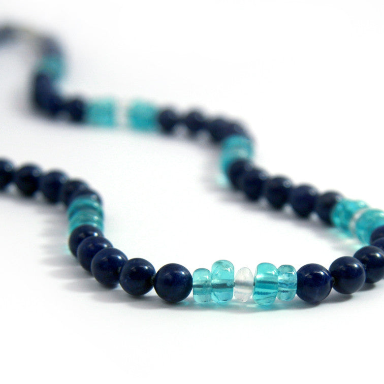 Close up of a crystal healing Apatite Strength necklace known for purifying and strengthening bones and joints