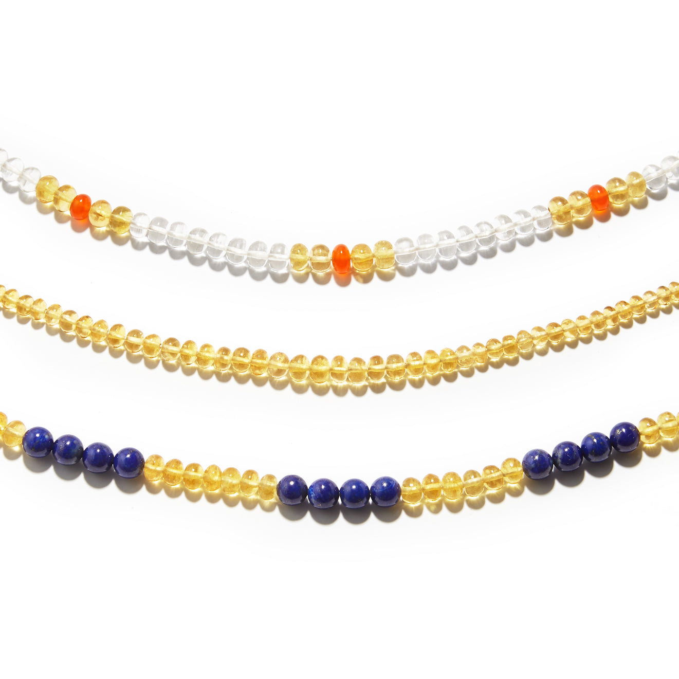 Set of three crystal healing necklaces with Golden Beryl known for gaining mastery in your life
