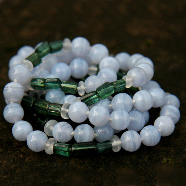 Athena necklace with Green Tourmaline, White Flash Moonstone and Blue Lace Agate