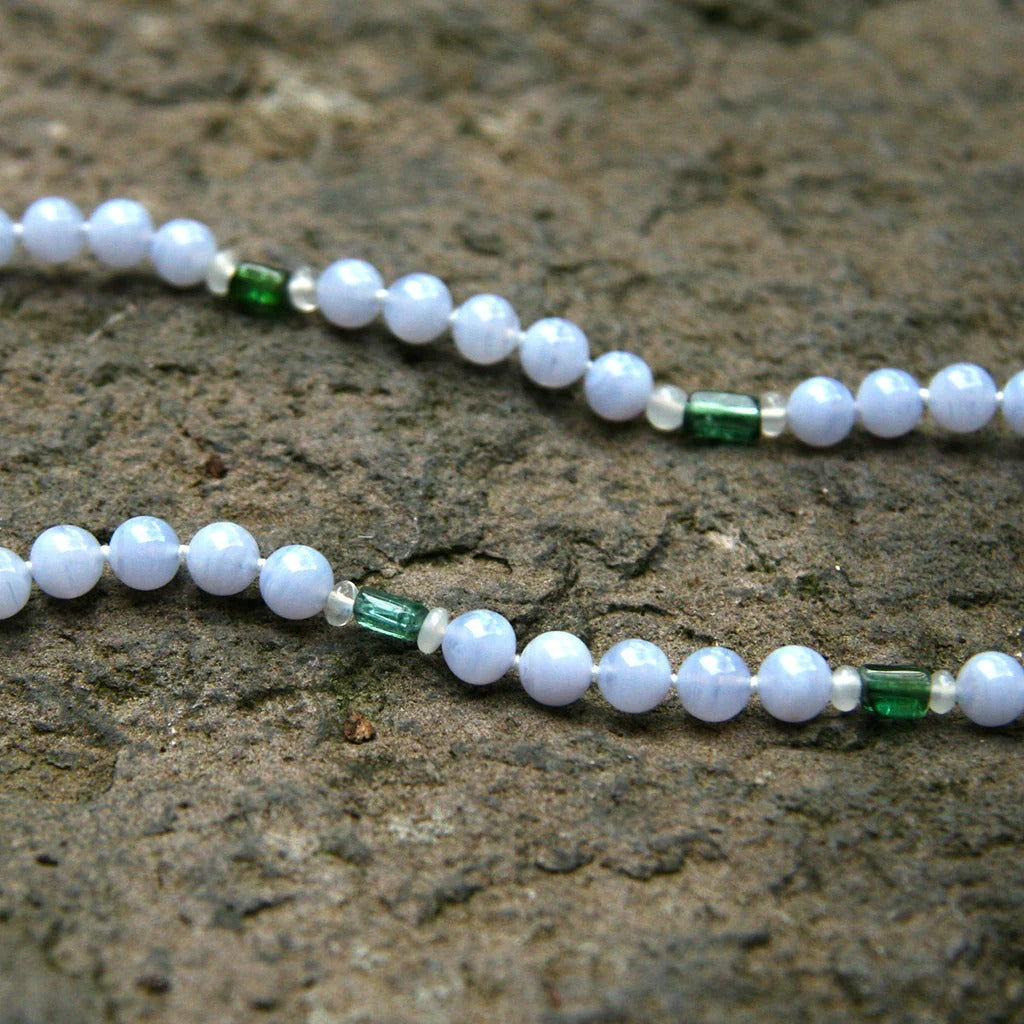 Athena necklace with Green Tourmaline, White Flash Moonstone and Blue Lace Agate